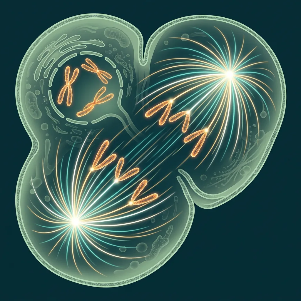 Illustration einer Zellteilung: zwei entstehende Tochterzellen mit sichtbaren Chromosomen